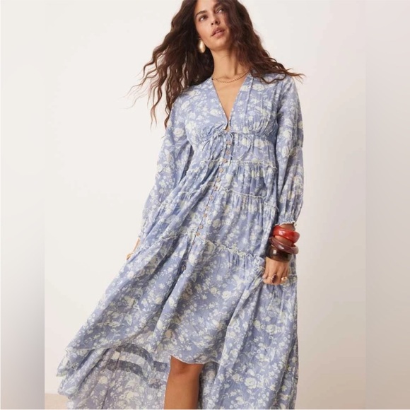 Free People Pappiet Cotton Midi Dress in Bluebell Combo L - Picture 3 of 9